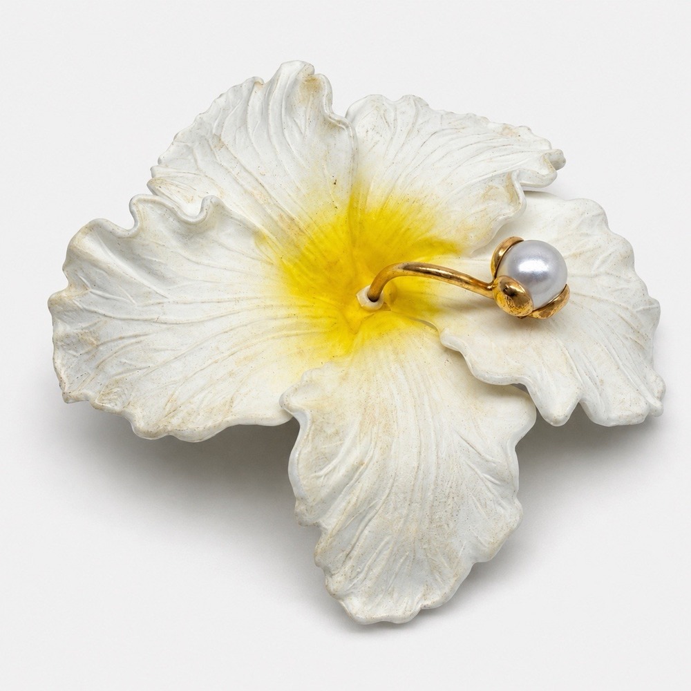 Vintage 50s West Germany White Celluloid Hibiscus Flower Faux Pearl Brooch Retro